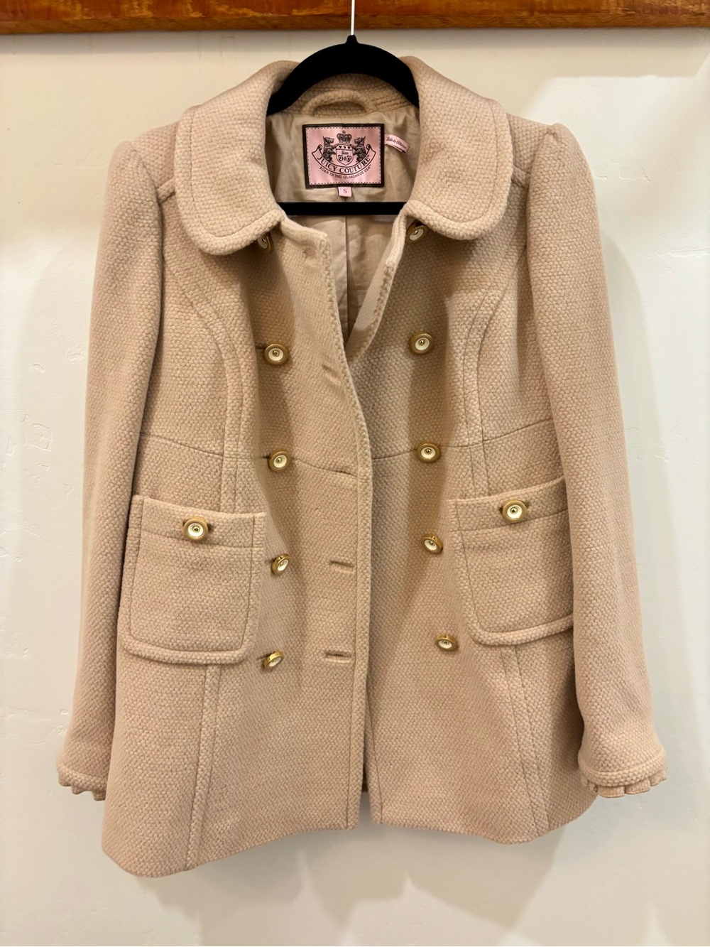 RARE Vintage Juicy Couture Beige Double-Breasted Pea Coat with Gold Buttons